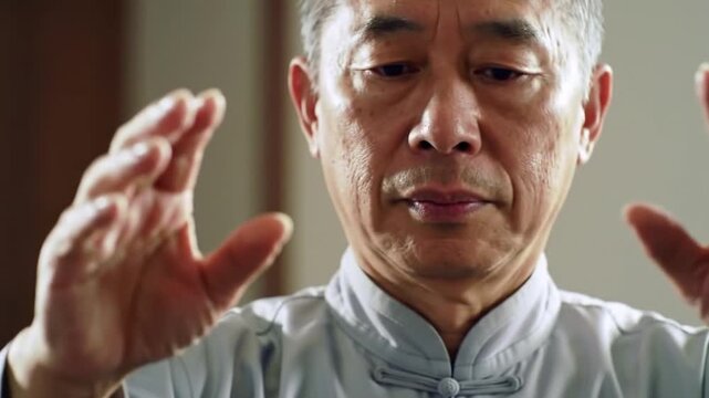An elderly Asian man with a focused expression practices a meditative hand gesture in a traditional setting.