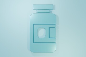 Blue Medicine bottle and pills icon isolated on blue background. Bottle pill sign. Pharmacy design. Minimalism concept. 3D render illustration