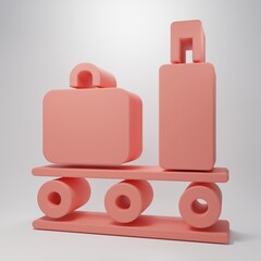 Pink Airport conveyor belt with passenger luggage, suitcase, bag, baggage icon isolated on pink background. Minimalism concept. 3D render illustration