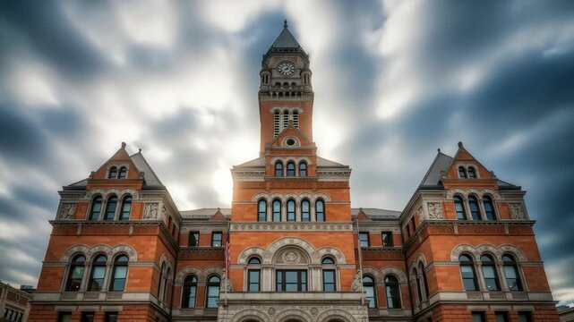 Majestic courthouse architecture time-lapse under dynamic cloudscape offers a historic perspective