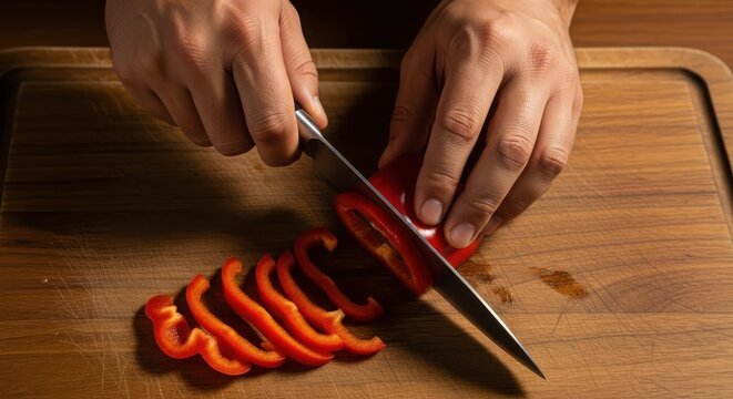 Closeup of hands slicing a vibrant red bell pepper on a wooden cutting board, creating colorful and appetizing slices for cooking