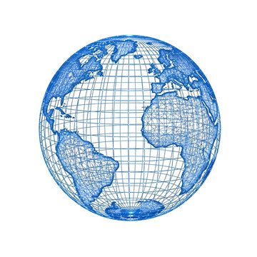 Modern blue wireframe globe digital design render