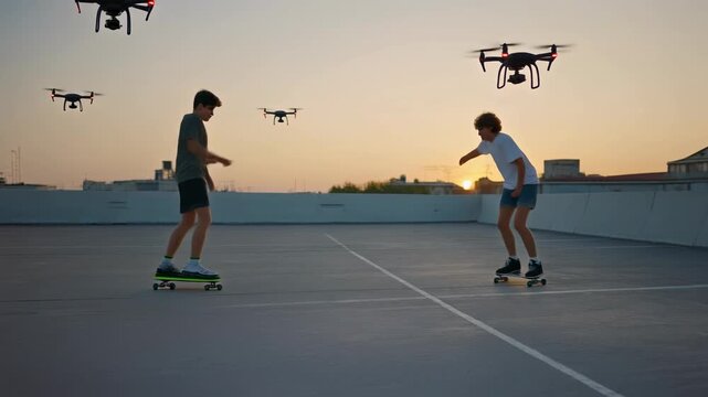 Wide shot of teenagers skating on an empty rooftop at sunset, drones flying above capturing 