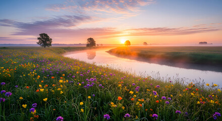 A serene landscape featuring a river winding through a meadow at sunrise