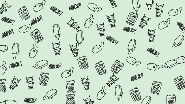 Technology doodle seamless looping pattern animation with robot and digital device icons on mint green background