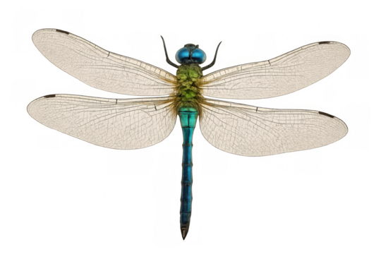 Dragonfly with transparent wings flying, showing natural blue and green body colors on clear background