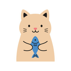 Cute cartoon cat holding a blue fish with paws illustration for pets and animal lovers