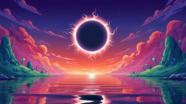 Surreal pixel art animation of solar eclipse over tranquil water landscape with island and clouds