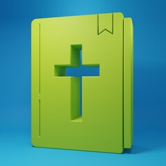 Obraz premium Green Holy bible book icon isolated on blue background. Minimalism concept. 3D render illustration