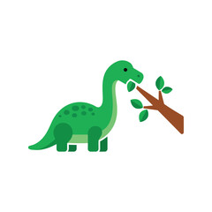 Cute green dinosaur enjoying eating leaves from a tree branch