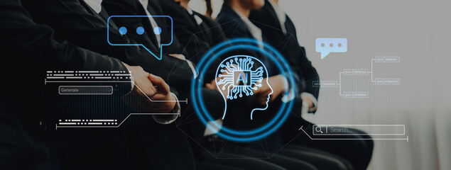 AI neural head with data connections and speech bubbles symbolizing smart data generation,...