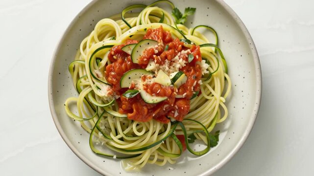 Allergy aware cooking. Bowl of Zucchini Noodles with Tomato Sauce, Sliced Zucchini, Herbs, and Cheese Garnish Delicious Spaghetti Alternative
