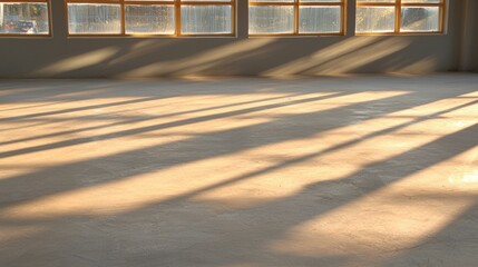 Sunlight streaming through a window casting long shadows on a concrete floor.