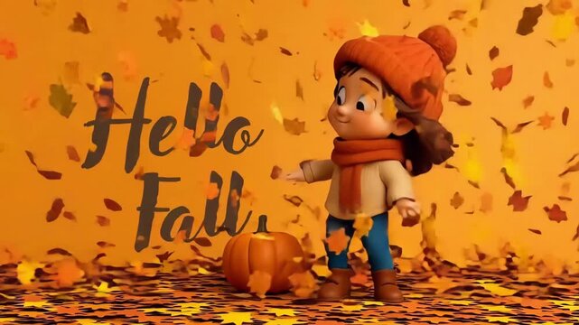 Cute Cartoon Cat Playing the Leaves and the Words Hello Fall