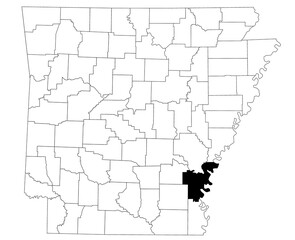 Map of desha County in Arkansas state on white background. Single county map highlighted by black colour on Arkansas map. UNITED STATES, US