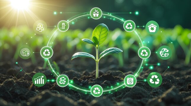 A young green seedling growing from fertile soil with futuristic eco-technology icons