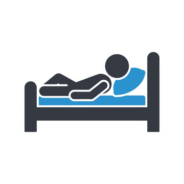 Simple icon of a person sleeping in bed with blue pillow and mattress