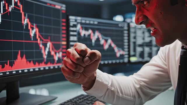Aggressive Trader Reacts to Stock Market Decline on Multiple Screens