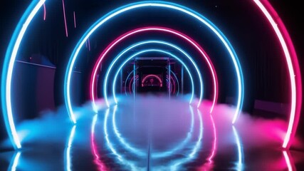Abstract neon light tunnel with pink and blue glow and fog reflecting on the surface creating a - Powered by Adobe
