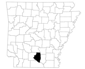Map of calhoun County in Arkansas state on white background. Single county map highlighted by black colour on Arkansas map. UNITED STATES, US