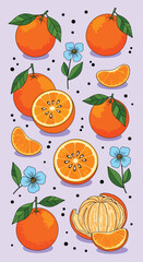 Fresh oranges and blue flowers arranged on a light purple background pattern art.