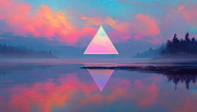 Abstract landscape with triangle shape floating over a still, reflective body of water - Powered by Adobe
