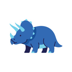 Cute blue triceratops dinosaur standing with three horns and frill simple cartoon