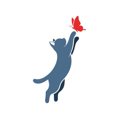 Playful blue cat reaching for a red butterfly in mid air dynamic pose