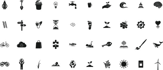 Ecology icon collection. Sustainability, nature, soler, eco-friendly, forest and more silhouette icon set. Vector illustration.