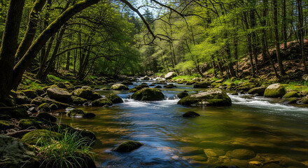 Tranquil forest scene with flowing stream and moss covered rocks on a sunny day