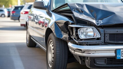 Car accident scene with damaged front bumper and headlight in parking lot, road safety, crash insurance concept, vehicle damage, and transportation issue