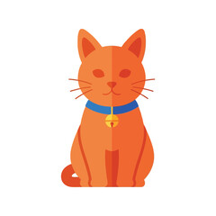 Cute orange tabby cat sitting wearing a blue collar with a bell