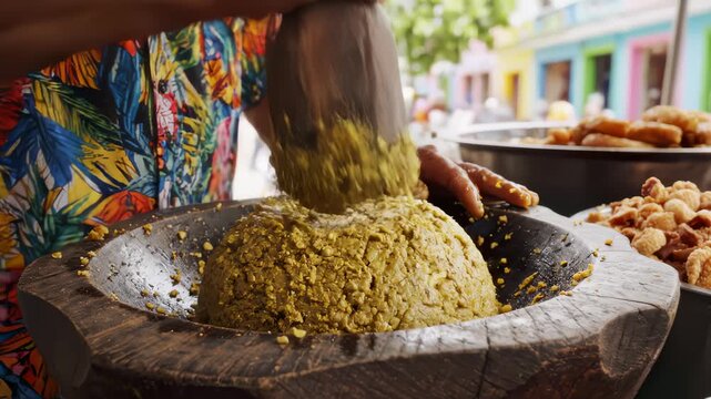 Person Pounding Plantains Into Mofongo in a Traditional Wooden Mortar