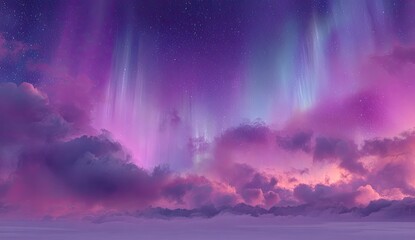 Naklejka premium Aurora Borealis paints the night sky in hues of pink, purple, and cyan over clouds