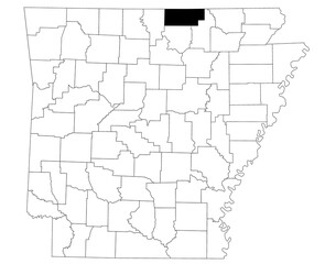 Map of fulton County in Arkansas state on white background. Single county map highlighted by black colour on Arkansas map. UNITED STATES, US