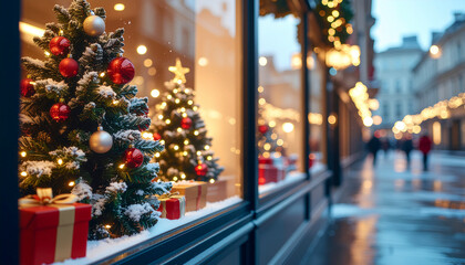 Retro American Christmas shopping scene in a vintage department store during the holiday season