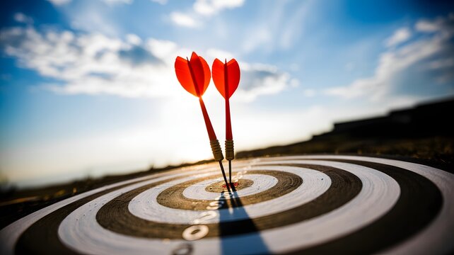 Two red darts hitting the bullseye on a target under sunrise sky, symbol of success, accuracy, achievement, teamwork, leadership, and business precision concept