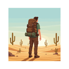 A lone male hiker with a large backpack stands in a vast desert landscape with saguaro cacti under a clear sky, looking towards the horizon.