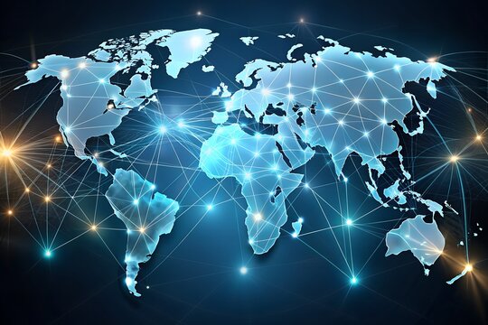 Global Network Connection Communication Technology Concept: Digital World Map with Connecting Lines and Nodes for Data Transfer and Interconnectivity