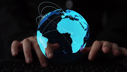 Global network connection visualization showing data exchange, digital link, worldwide...