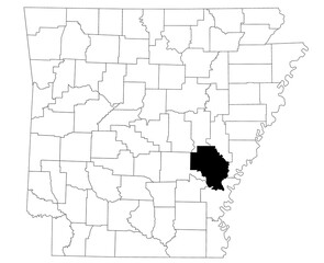 Fototapeta premium Map of Arkansas County in Arkansas state on white background. Single county map highlighted by black colour on Arkansas map. UNITED STATES, US