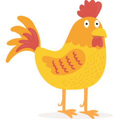 A Whimsical Cartoon Rooster with Bright Orange and Yellow Feathers Stands Proudly with a Red Comb and Wattle Against a Transparent Background