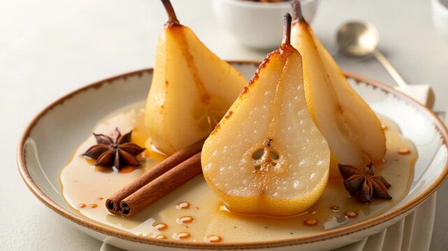 Allergy aware cooking. Caramelized Pears with Cinnamon, Star Anise, and Spiced Syrup Sweet Dessert on White Plate