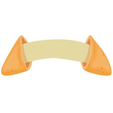 A stylized illustration of a golden brown fortune cookie with a blank light yellow banner inside on a transparent white background