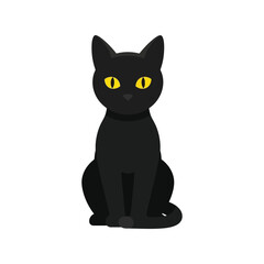 Cute black cat with bright yellow eyes sitting and looking forward