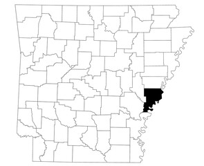 Map of Phillips County in Arkansas state on white background. Single county map highlighted by black colour on Arkansas map. UNITED STATES, US