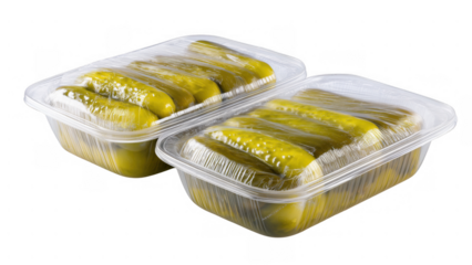 Two sealed containers of whole green pickles, created AI, PNG