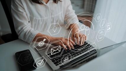 Business teamwork system showing digital communication and performance tracking. Teamwork improves...