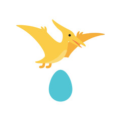 Yellow pterodactyl flying over a bright blue dinosaur egg cartoon image