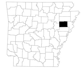 Map of  County in Arkansas state on white background. Single county map highlighted by black colour on Arkansas map. UNITED STATES, US